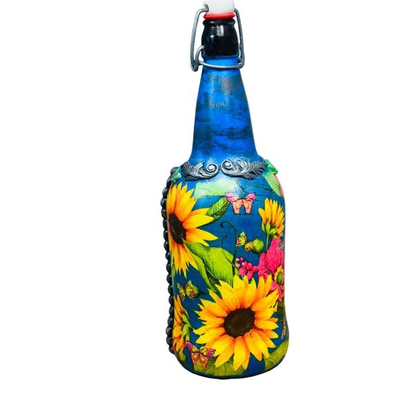 Hand Painted, Decoupaged and Molded Clay Grolsch-Style Bottle Poppy & Sunflowers - Picture 1 of 17